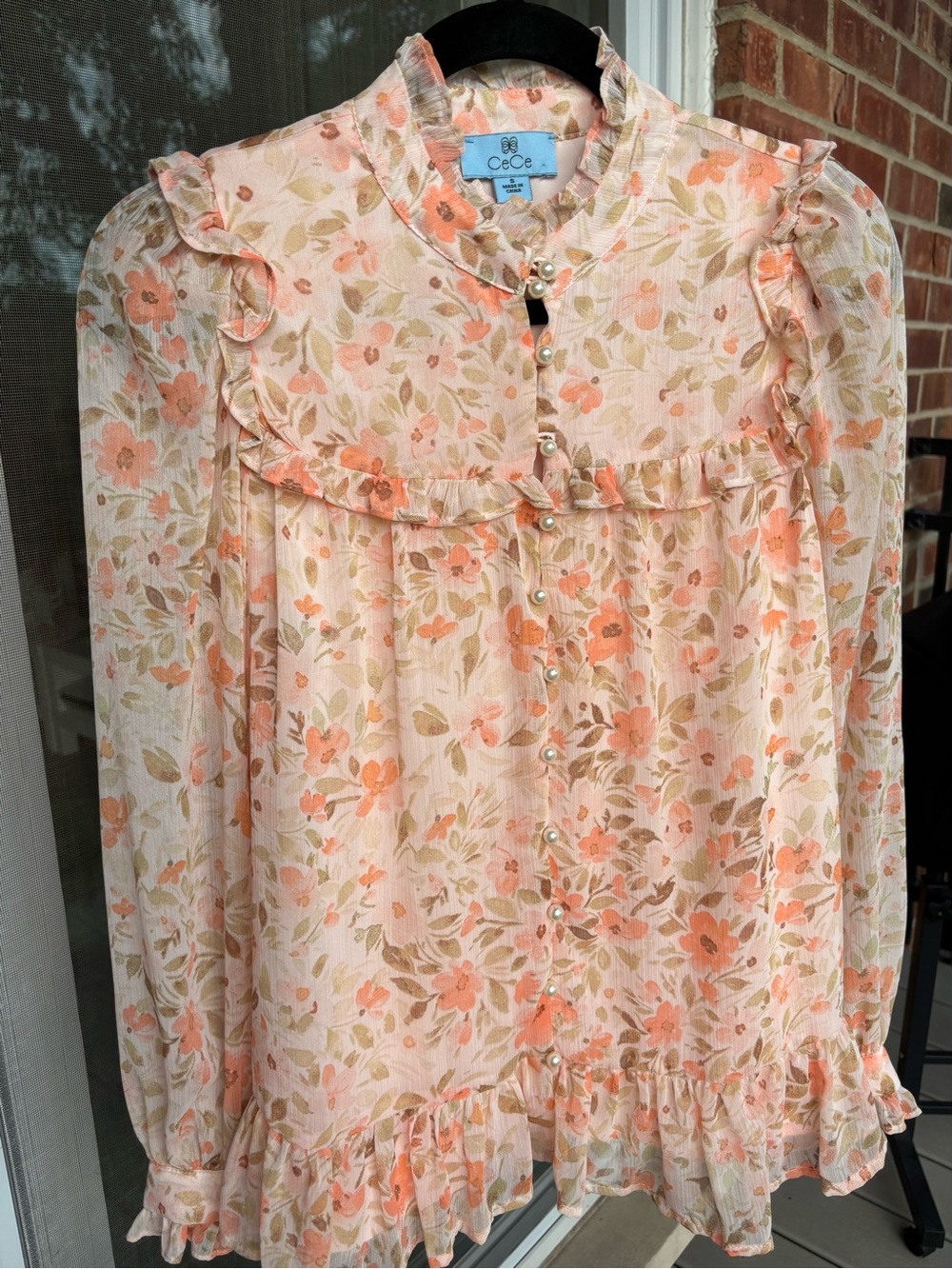 CeCe Floral Print Ruffle Blouse Pearl Buttons Sheer Boho Top Size S